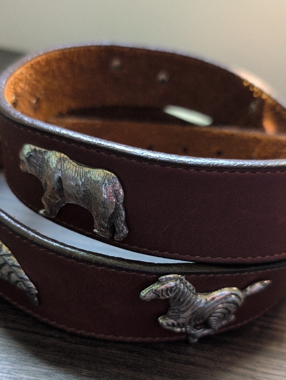 Leather Belt With Animals Browan Leather Silver Tone Over Solid Brass Buckle